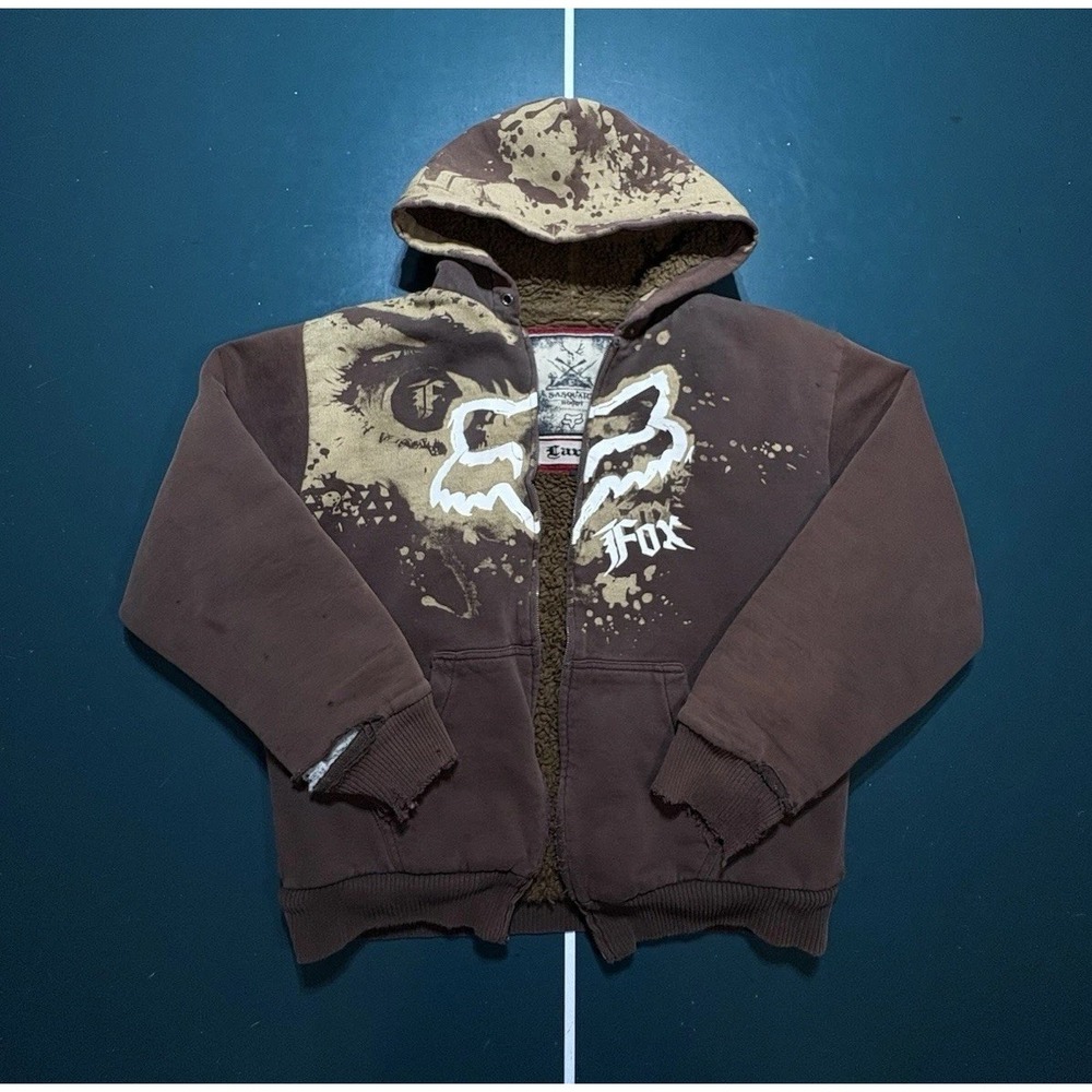 Fox Racing Sasquatch Faux Fur Full Zip Hoodie Large Faded Brown Distressed Flaw*